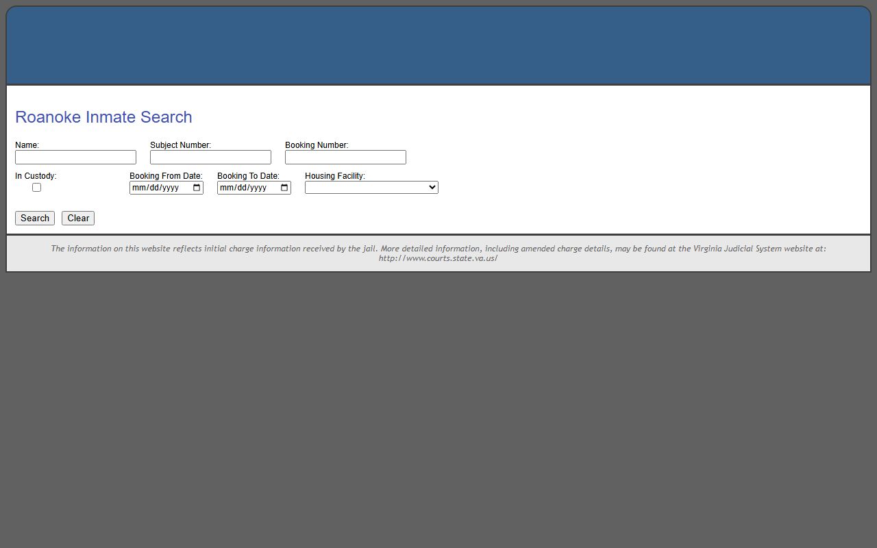 Roanoke County inmate records search form fields