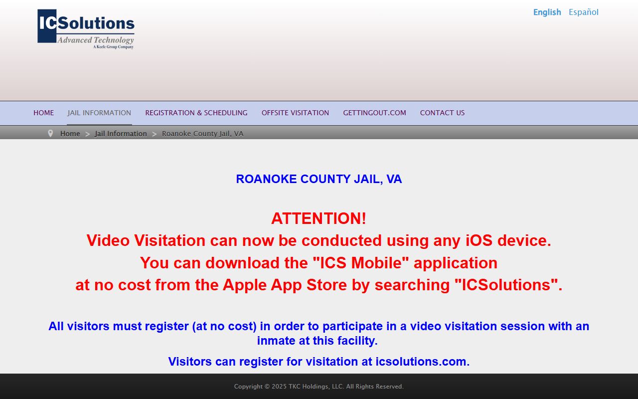 ICSolutions video visitation page for Roanoke County Jail