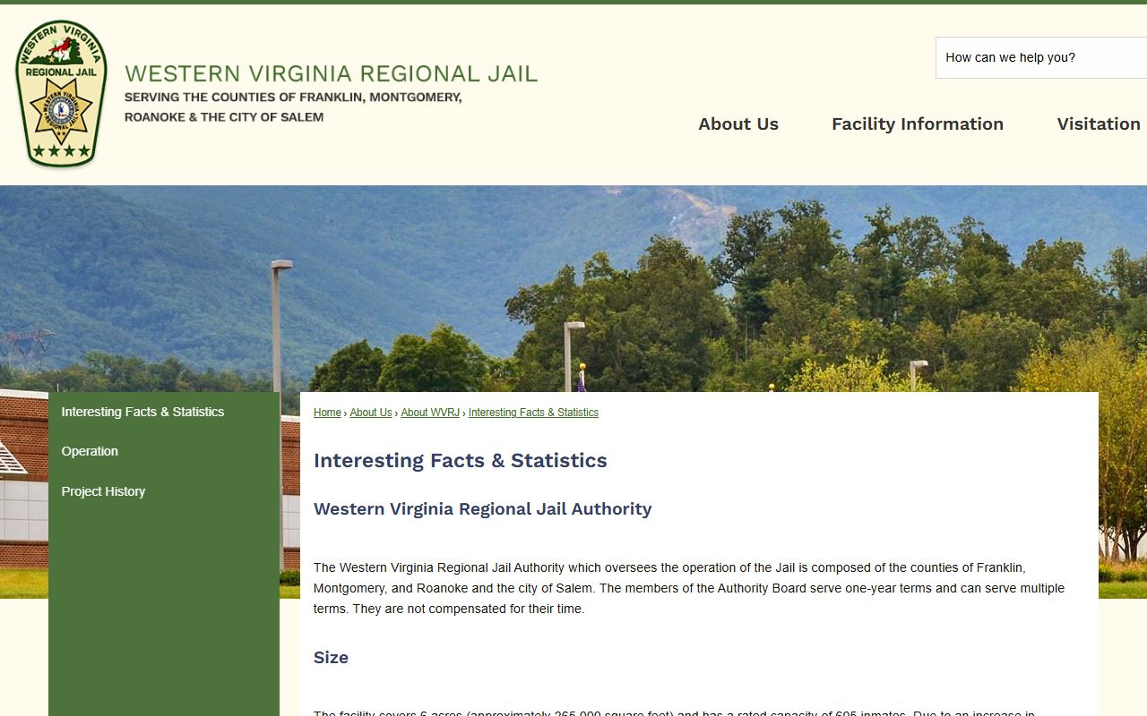 Western Virginia Regional Jail facts page showing capacity and facility size information