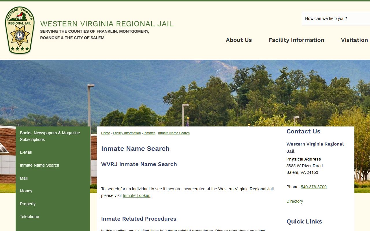 Western Virginia Regional Jail inmate name search routing page